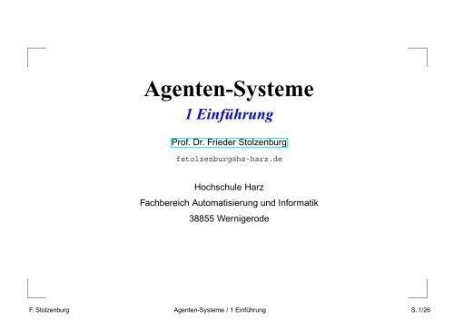 Agenten-Systeme - Frieder Stolzenburg - Hochschule Harz