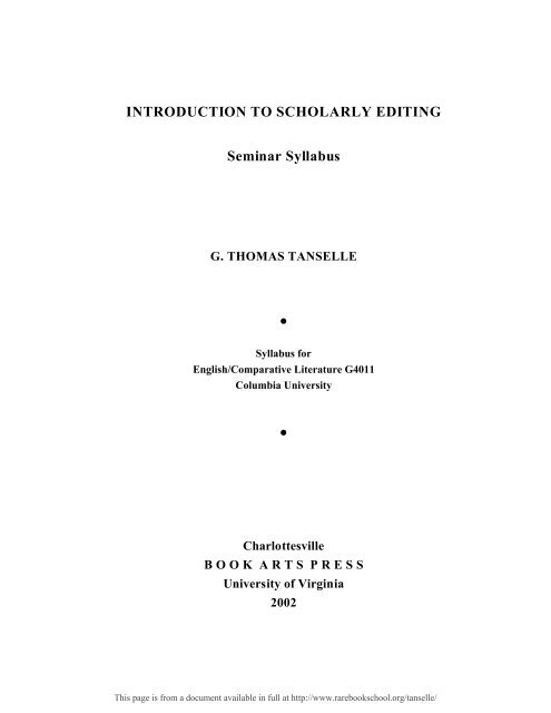 INTRODUCTION TO SCHOLARLY EDITING ... - Rare Book School