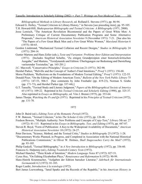 INTRODUCTION TO SCHOLARLY EDITING ... - Rare Book School