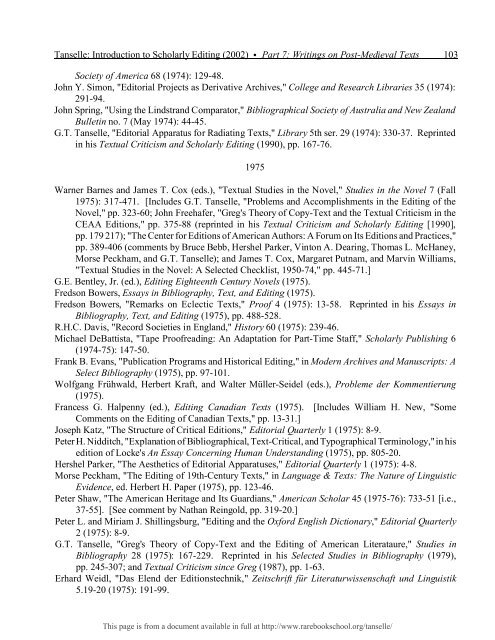 INTRODUCTION TO SCHOLARLY EDITING ... - Rare Book School