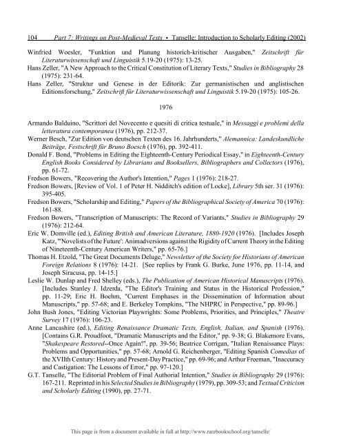 INTRODUCTION TO SCHOLARLY EDITING ... - Rare Book School