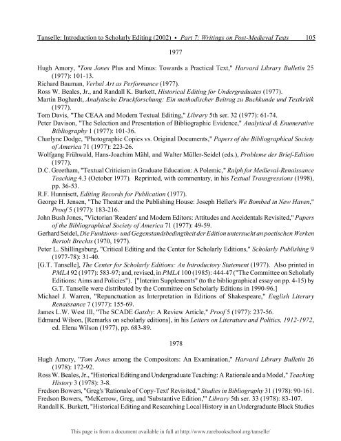 INTRODUCTION TO SCHOLARLY EDITING ... - Rare Book School
