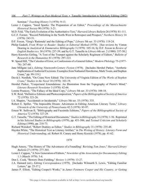 INTRODUCTION TO SCHOLARLY EDITING ... - Rare Book School