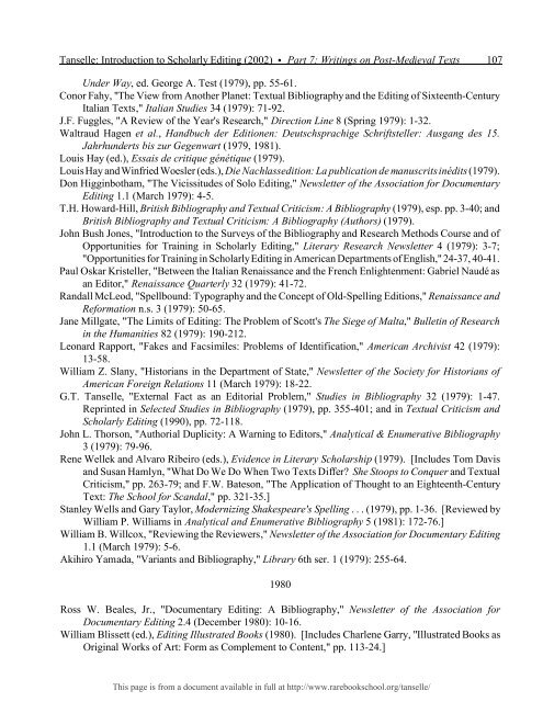 INTRODUCTION TO SCHOLARLY EDITING ... - Rare Book School