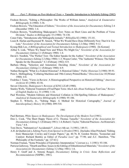 INTRODUCTION TO SCHOLARLY EDITING ... - Rare Book School