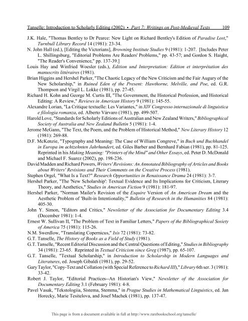 INTRODUCTION TO SCHOLARLY EDITING ... - Rare Book School