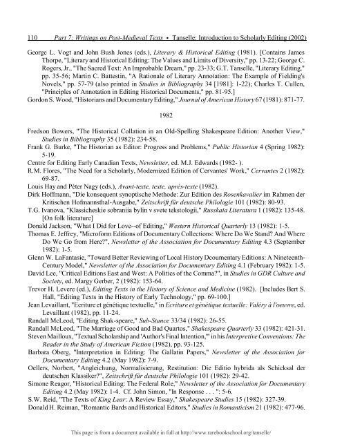 INTRODUCTION TO SCHOLARLY EDITING ... - Rare Book School