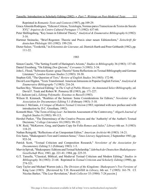 INTRODUCTION TO SCHOLARLY EDITING ... - Rare Book School
