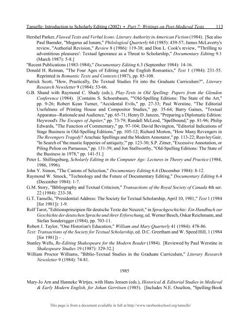 INTRODUCTION TO SCHOLARLY EDITING ... - Rare Book School