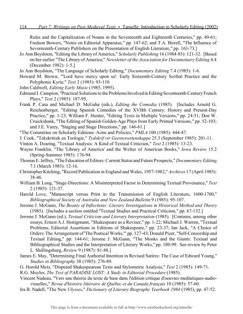 INTRODUCTION TO SCHOLARLY EDITING ... - Rare Book School