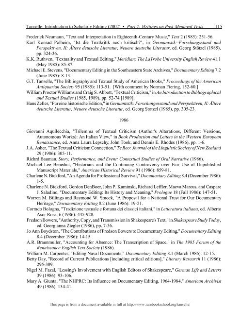 INTRODUCTION TO SCHOLARLY EDITING ... - Rare Book School