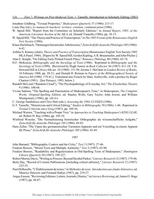 INTRODUCTION TO SCHOLARLY EDITING ... - Rare Book School