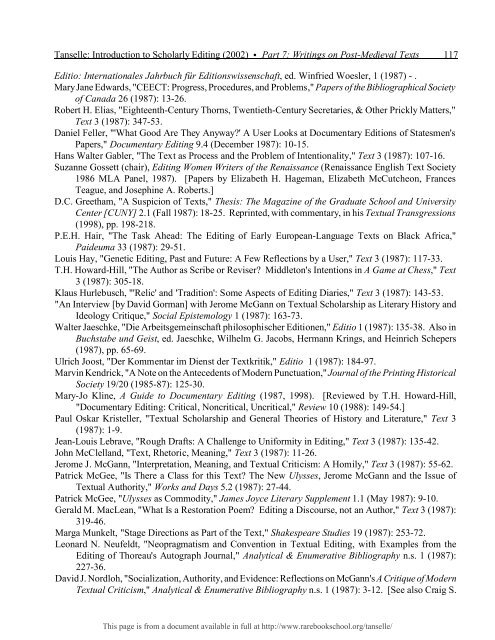 INTRODUCTION TO SCHOLARLY EDITING ... - Rare Book School