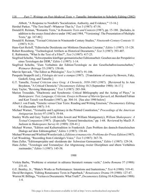 INTRODUCTION TO SCHOLARLY EDITING ... - Rare Book School