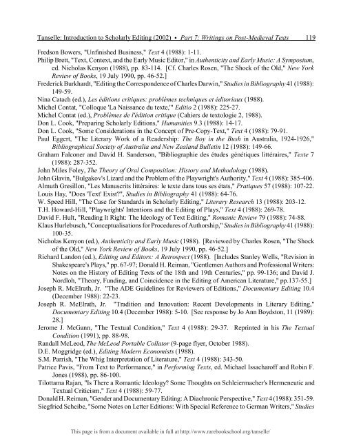 INTRODUCTION TO SCHOLARLY EDITING ... - Rare Book School