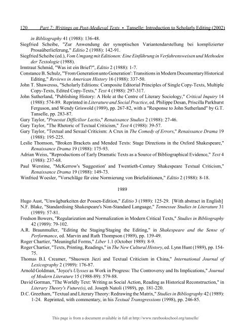 INTRODUCTION TO SCHOLARLY EDITING ... - Rare Book School