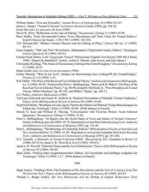 INTRODUCTION TO SCHOLARLY EDITING ... - Rare Book School