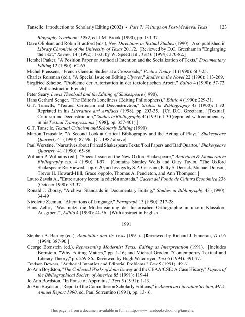 INTRODUCTION TO SCHOLARLY EDITING ... - Rare Book School