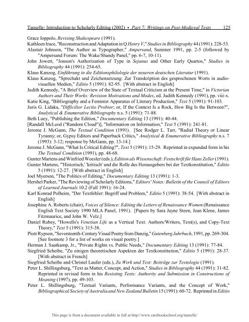 INTRODUCTION TO SCHOLARLY EDITING ... - Rare Book School
