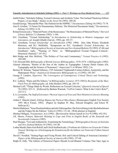 INTRODUCTION TO SCHOLARLY EDITING ... - Rare Book School