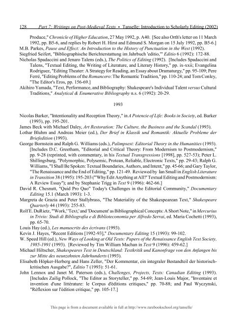 INTRODUCTION TO SCHOLARLY EDITING ... - Rare Book School