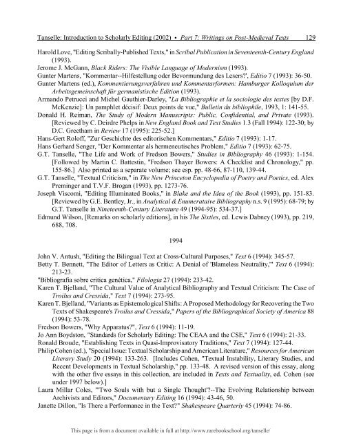 INTRODUCTION TO SCHOLARLY EDITING ... - Rare Book School