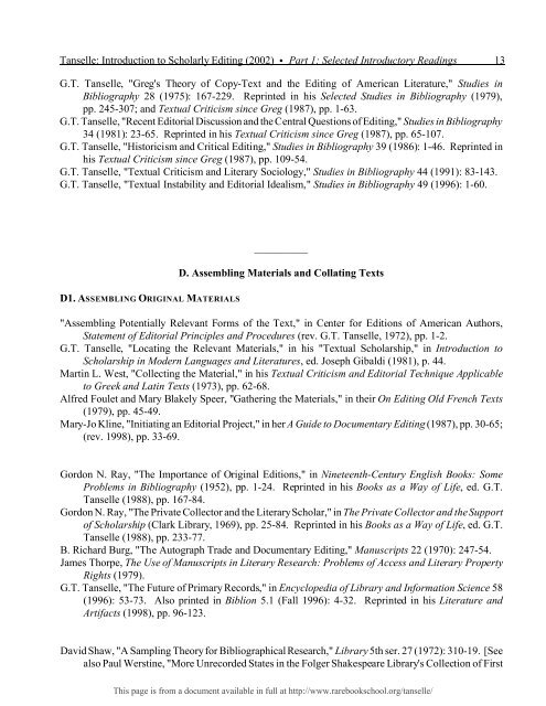 INTRODUCTION TO SCHOLARLY EDITING ... - Rare Book School