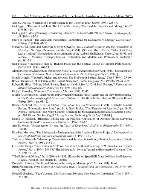 INTRODUCTION TO SCHOLARLY EDITING ... - Rare Book School