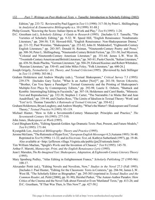 INTRODUCTION TO SCHOLARLY EDITING ... - Rare Book School