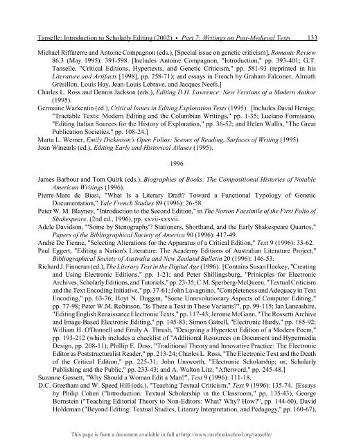 INTRODUCTION TO SCHOLARLY EDITING ... - Rare Book School