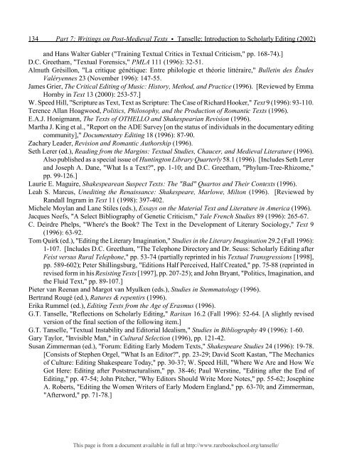 INTRODUCTION TO SCHOLARLY EDITING ... - Rare Book School