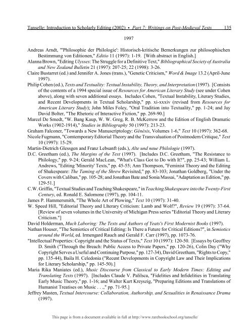 INTRODUCTION TO SCHOLARLY EDITING ... - Rare Book School