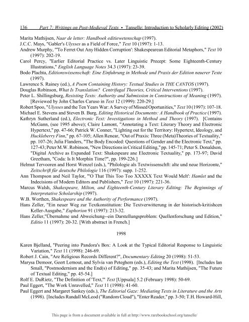 INTRODUCTION TO SCHOLARLY EDITING ... - Rare Book School
