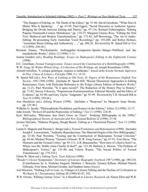 INTRODUCTION TO SCHOLARLY EDITING ... - Rare Book School