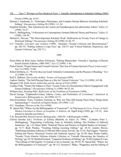 INTRODUCTION TO SCHOLARLY EDITING ... - Rare Book School