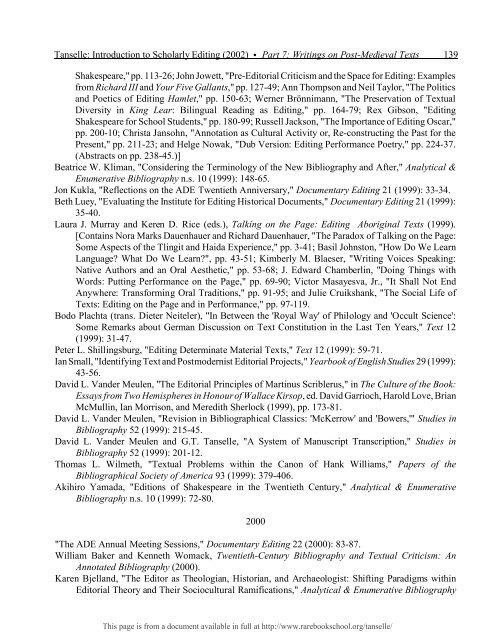 INTRODUCTION TO SCHOLARLY EDITING ... - Rare Book School