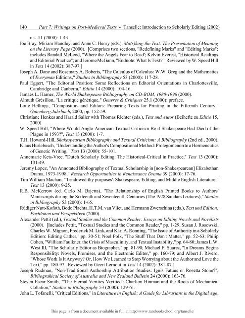 INTRODUCTION TO SCHOLARLY EDITING ... - Rare Book School