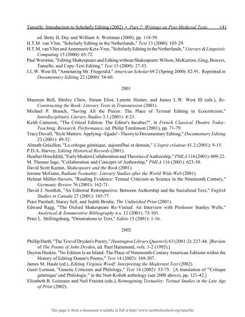 INTRODUCTION TO SCHOLARLY EDITING ... - Rare Book School