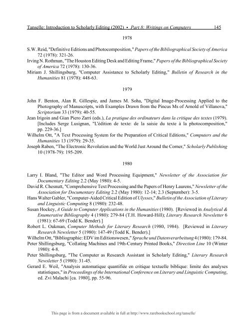 INTRODUCTION TO SCHOLARLY EDITING ... - Rare Book School