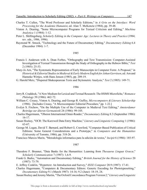 INTRODUCTION TO SCHOLARLY EDITING ... - Rare Book School