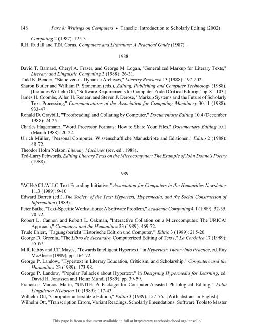 INTRODUCTION TO SCHOLARLY EDITING ... - Rare Book School