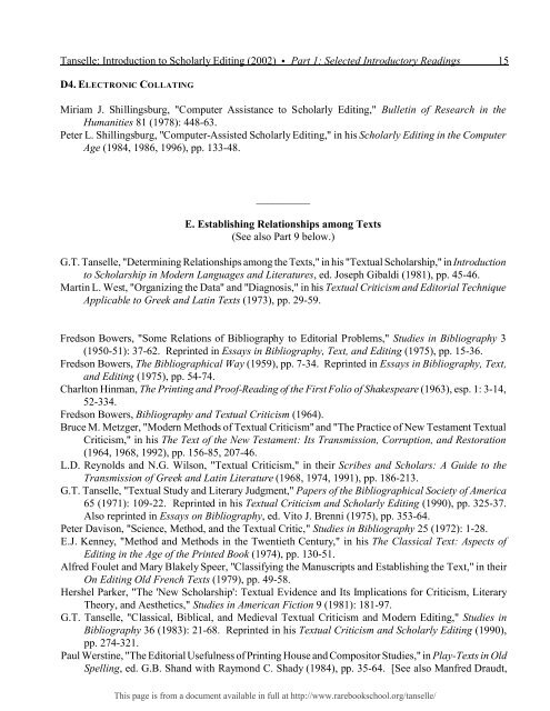 INTRODUCTION TO SCHOLARLY EDITING ... - Rare Book School