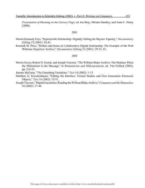 INTRODUCTION TO SCHOLARLY EDITING ... - Rare Book School