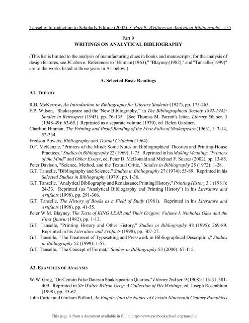INTRODUCTION TO SCHOLARLY EDITING ... - Rare Book School