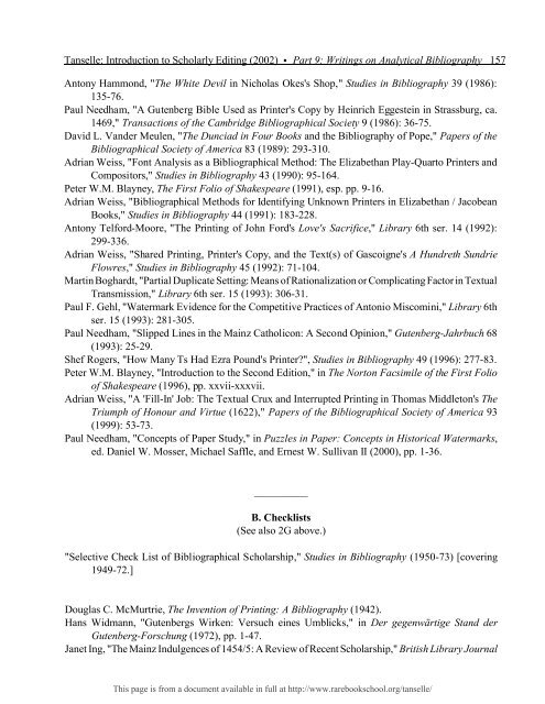 INTRODUCTION TO SCHOLARLY EDITING ... - Rare Book School