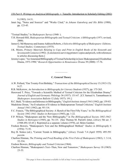 INTRODUCTION TO SCHOLARLY EDITING ... - Rare Book School