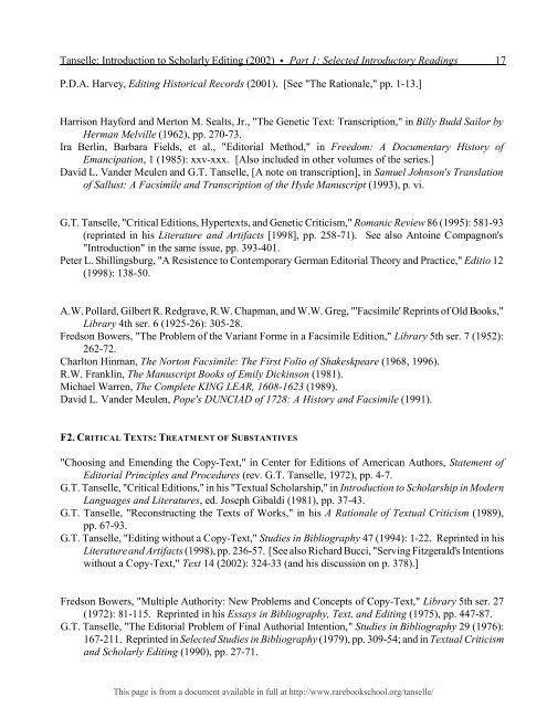 INTRODUCTION TO SCHOLARLY EDITING ... - Rare Book School