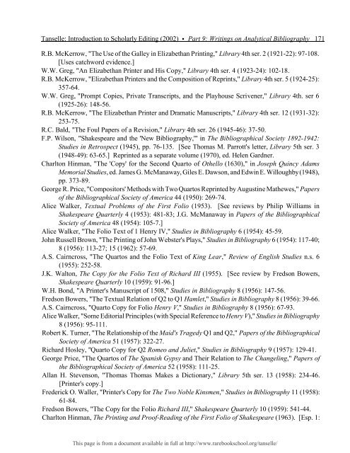 INTRODUCTION TO SCHOLARLY EDITING ... - Rare Book School
