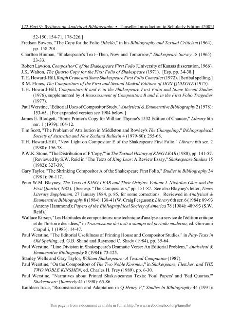 INTRODUCTION TO SCHOLARLY EDITING ... - Rare Book School