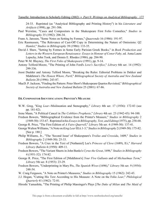 INTRODUCTION TO SCHOLARLY EDITING ... - Rare Book School